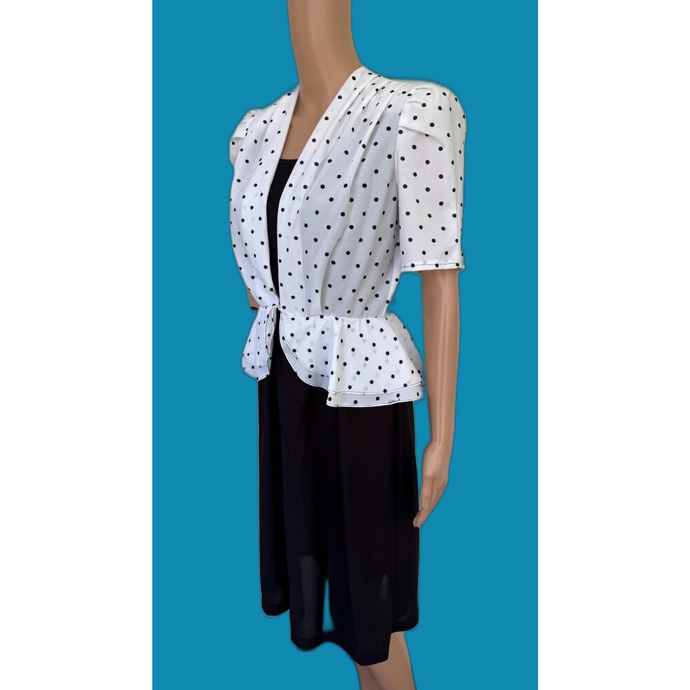 80s Polka Dot Peplum Dress Black White Sheer XS S